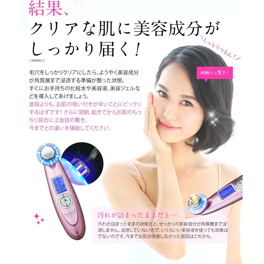 美顔器【美ルル クラッシィ】超音波 イオン導入 イオン導出 光エステ LED クレンジング 充電式 美肌 毛穴ケア 毛穴汚れ 【海外使用可能・返品保証・日本製】belulu classy メルティーピンク