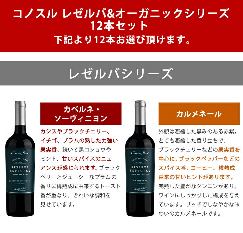 ワイン ワインセット  【送料無料】よりどり選べる コノスル レゼルバ&オーガニック シリーズ 12本  ワインセット【北海道・東北・九州・四国・沖縄県は必ず送料が掛かります】