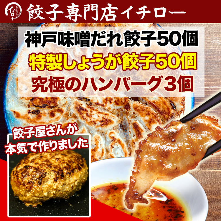 イチロー餃子の神戸味噌だれ餃子50個+生姜餃子50個+ハンバーグ3個セット