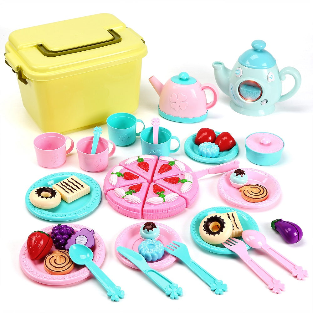 Cute Stone おままごと ティーセット おもちゃ ティーポットセット ままごとセット 子供 収納ボックス付 室内ゲーム DIYケーキ 42点セット 音楽 光 ティーポット かわいい お茶 お菓子 ごっこ遊び キャンディー 親子遊び 知育玩具 食べ物認知 誕生日 ギフト 女の子 送料無料