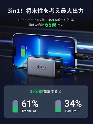 [UGREEN] USB-C　Nexode PD充電器（ACアダプター）65W　3ポート　CD244　ブラック