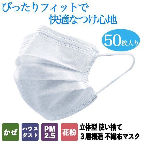 【50枚パック 2箱セット】立体型不織布マスク 微粒子99％カットフィルター 予防 三層構造
