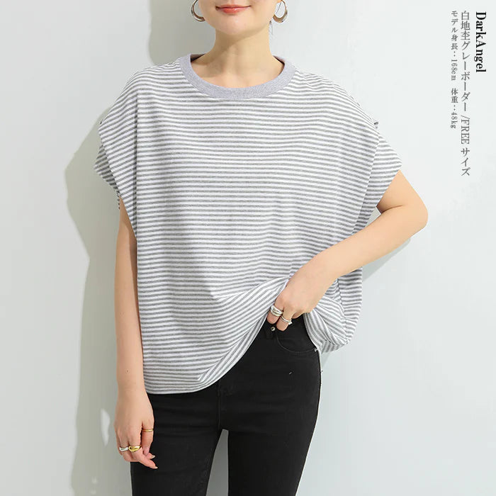 ショルダータックTシャツ（白地杢グレーボーダー/FREEサイズ）11e24177-e665-4226-aaa7-83ac502f0488【エコ得SALE】