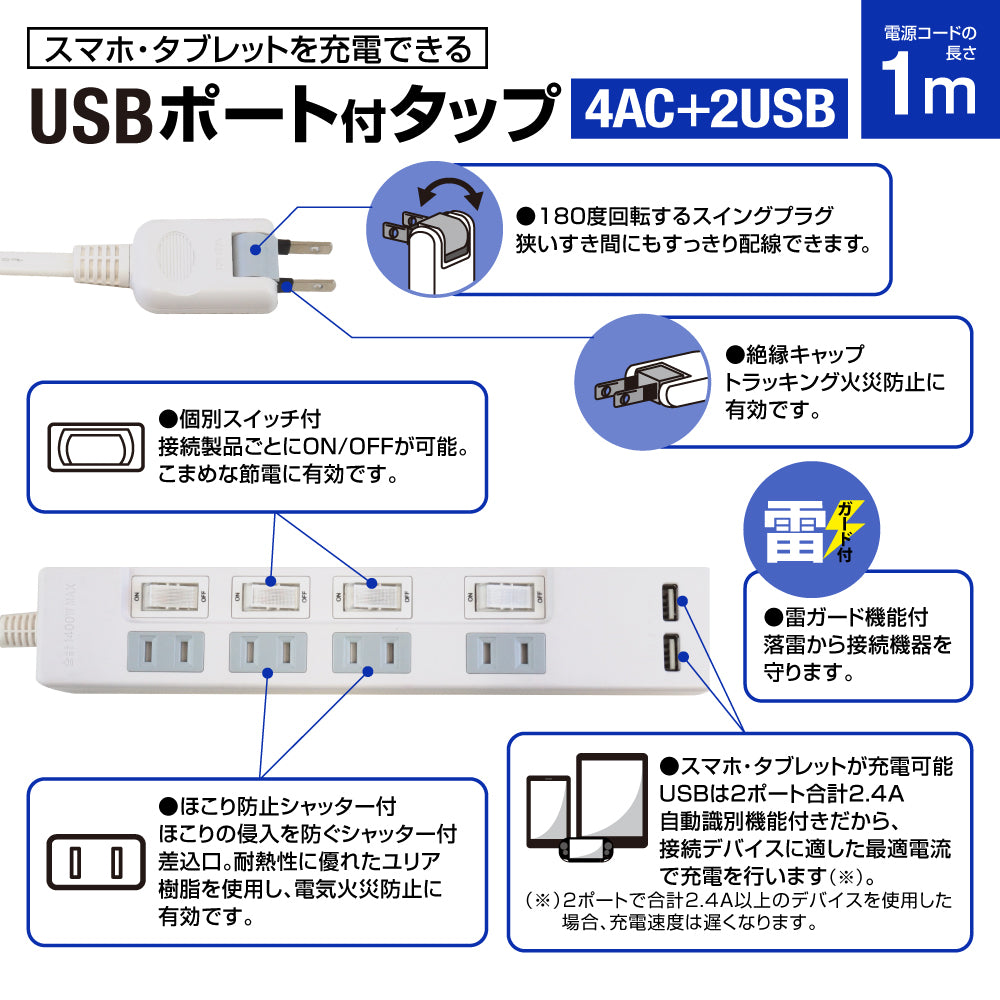 USB充電付電源タップ 2ポート合計2.4A出力 コンセント 4口 1m 雷ガード 18ヵ月保証 テレワーク タコ足 スマホ タブレット テーブルタップ USBタップ 延長コード【ホワイト】