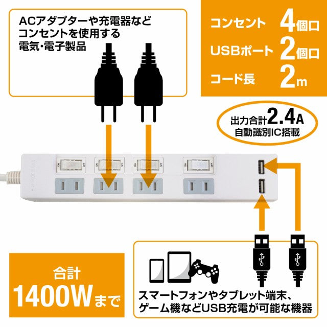 USB充電付電源タップ 2ポート合計2.4A出力 コンセント 4口 2m 雷ガード 18ヵ月保証 テレワーク タコ足 スマホ タブレット テーブルタップ USBタップ 延長コード【ホワイト】