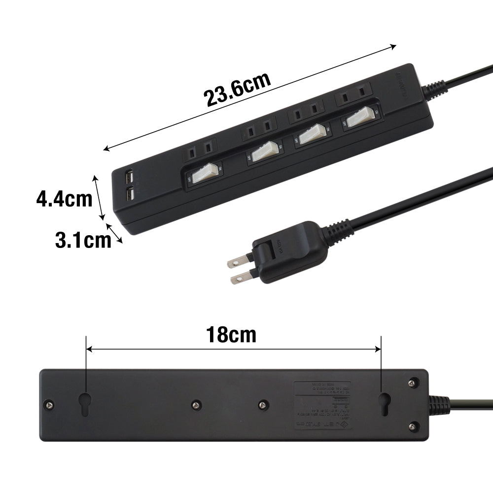 USB充電ポート付 電源タップ 2ポート合計2.4A出力 コンセント 4口 2m 雷ガード  18ヵ月保証 テレワーク スマホ タブレット コンセントタップ USBタップ 延長コード【ブラック】