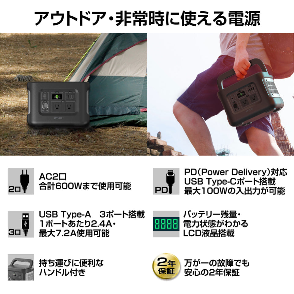 ポータブル電源 AC2口 USB3ポート＋PD100W Type-C搭載 LEDライト付 アウトドア キャンプ キャンプ用品 防災 避難用品 非常用品 非常用電源 622Wh 172800mAh 同時出力600W 節電 2年保証