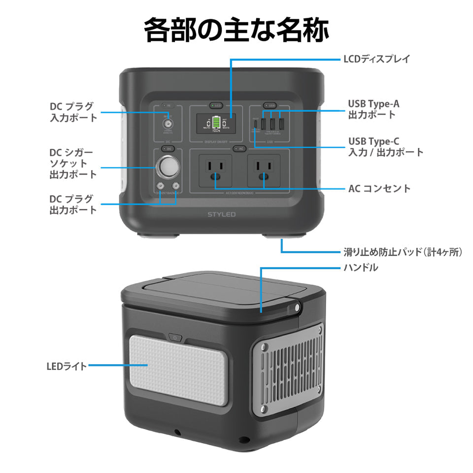 ポータブル電源 AC2口 USB3ポート＋PD100W Type-C搭載 LEDライト付 アウトドア キャンプ キャンプ用品 防災 避難用品 非常用品 非常用電源 403Wh 112000mAh 同時出力400W 節電 2年保証