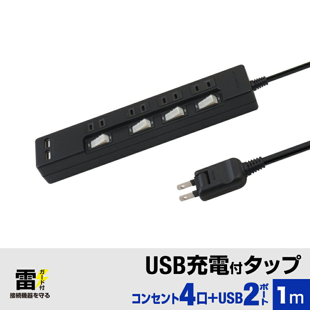 USB充電ポート付 電源タップ 2ポート合計2.4A出力 コンセント 4口 1m 雷ガード  18ヵ月保証 テレワーク スマホ タブレット コンセントタップ USBタップ 延長コード【ブラック】