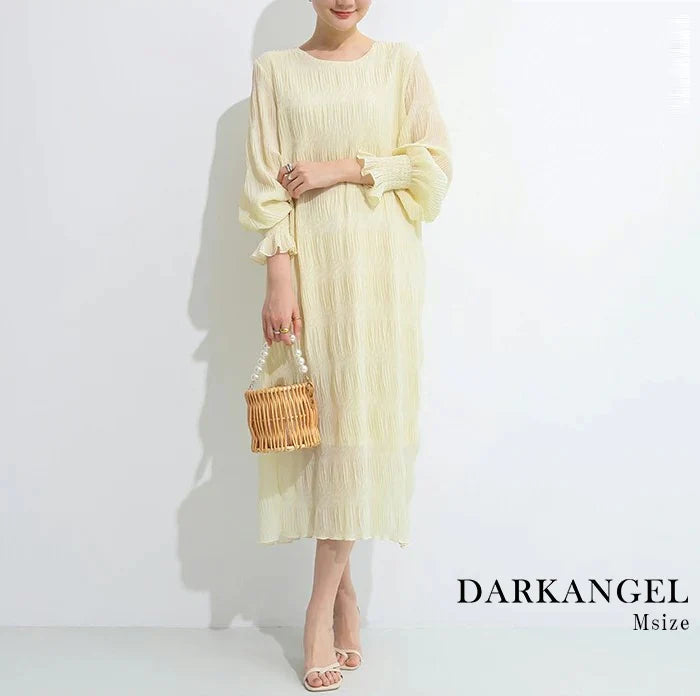 【超得ハイパーSALE】シャーリングシフォンワンピース（アイボリー/長袖/Mサイズ）