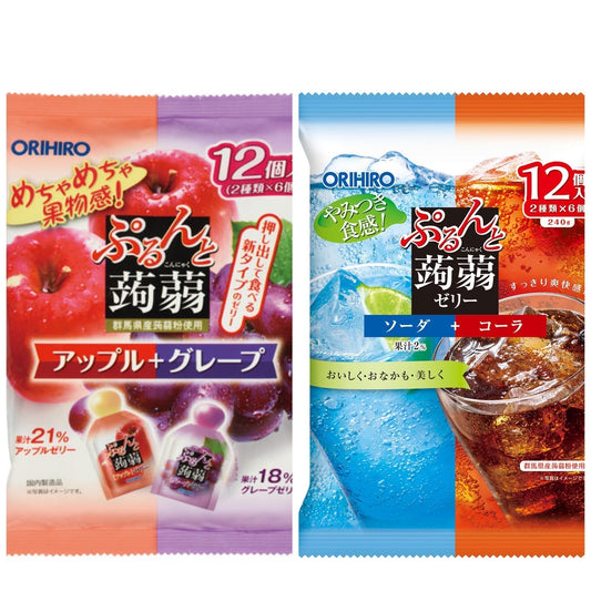 オリヒロ ぷるんと蒟蒻ゼリーパウチ 2袋 （アップル＋グレープ ・ソーダ＋コーラ）ゼリー