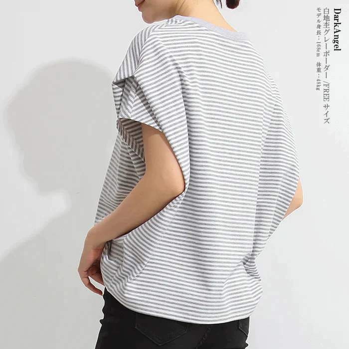 【SUPER在庫処分市】ショルダータックTシャツ（白地杢グレーボーダー/FREEサイズ）