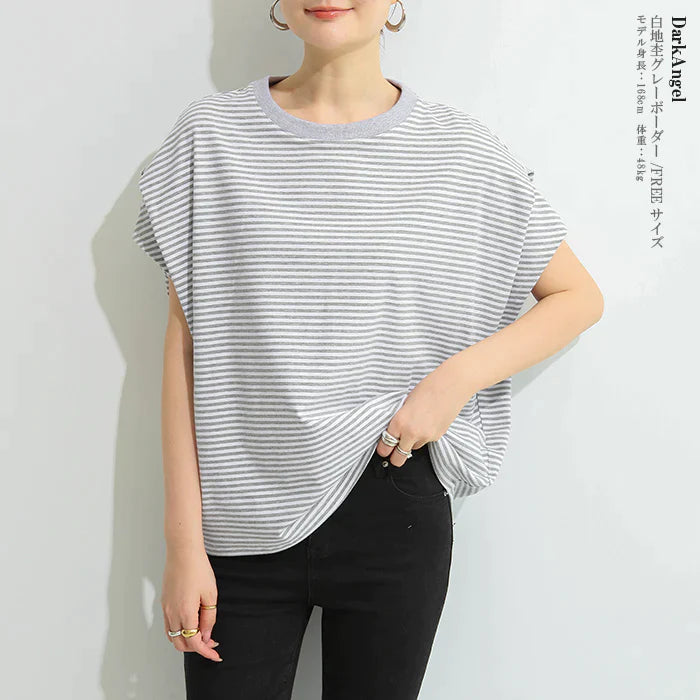 【超得ハイパーSALE】ショルダータックTシャツ（白地杢グレーボーダー/FREEサイズ）