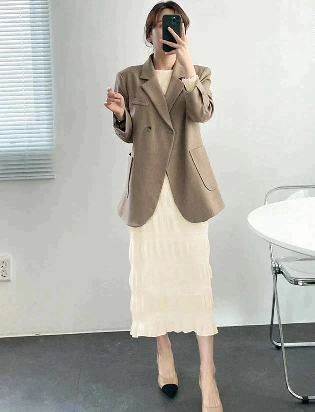 シャーリングシフォンワンピース（アイボリー/長袖/Mサイズ）