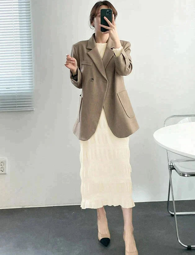（アイボリー/長袖/Mサイズ）シャーリングシフォンワンピース【ゲリラセール】