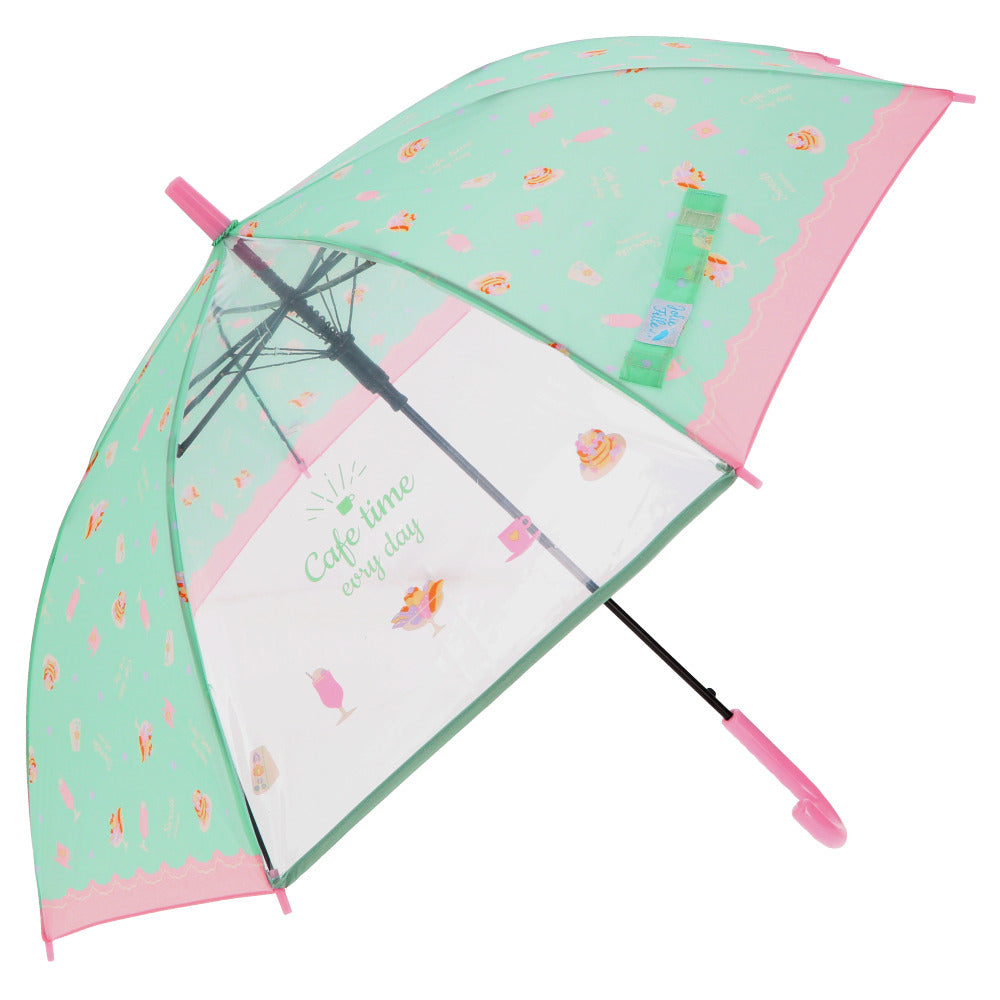 【カフェタイムMINT・長傘】 傘 キッズ 子供用 55cm 通販 耐風 耐風傘 丈夫 女の子 透明窓付き 窓付き 透明窓 雨傘 傘 雨具 レイングッズ 子供 小学生 中学生 高学年 子供用 女子 子供 子ども こども キッズ 雨具