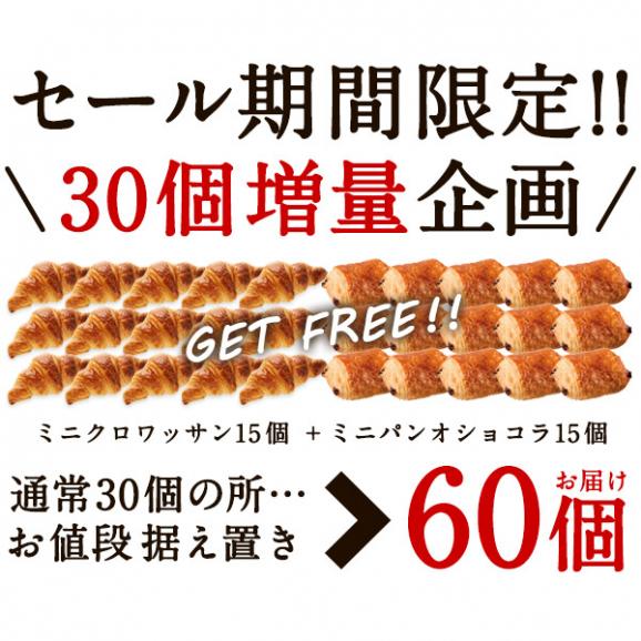 増量［30個購入で さらにおまけ30個  合計60個］フランス産 高品質冷凍パン ［おまけ内容：クロワッサン15個・パンオショコラ15個］ 【送料無料】