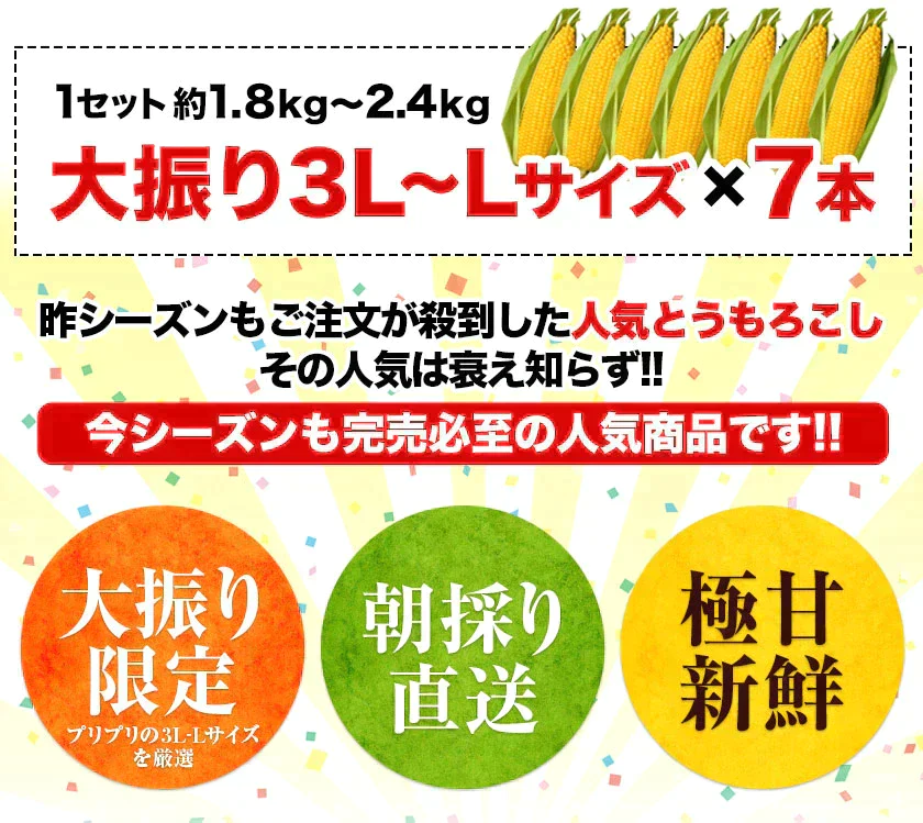 スイートコーン とうもろこし ゴールドラッシュ サニーショコラ 味来 恵味 約1.8kg～約2.4kg 7本入り (3L~L サイズ) 朝採り お取り寄せ お取り寄せグルメ日本最速級《7月中旬〜8月上旬頃より発送予定》