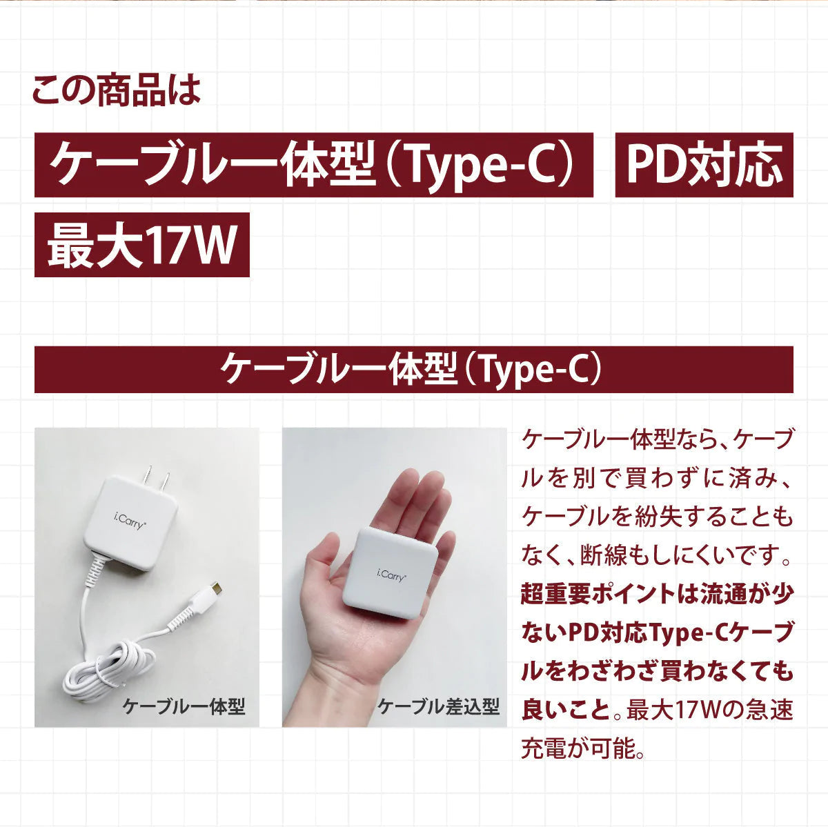 （ホワイト）iCarry 17w スリム タイプC コンセント 【PD 5V3.4A 急速充電】Fold Switch　17-AC13PD