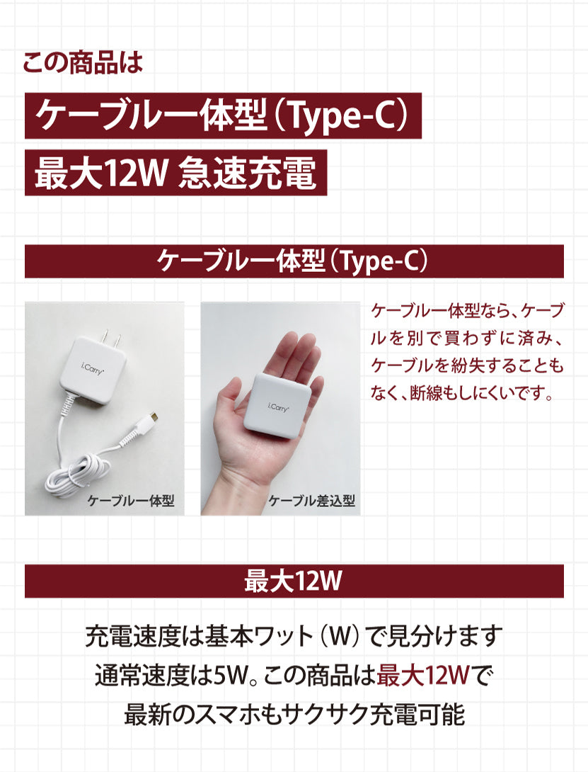 【3人シェア買いでお得】（ブラック）iCarry 5V2.4A スリム タイプC コンセント スマホ充電器 【Type-C 12W 急速充電】17-AC11C