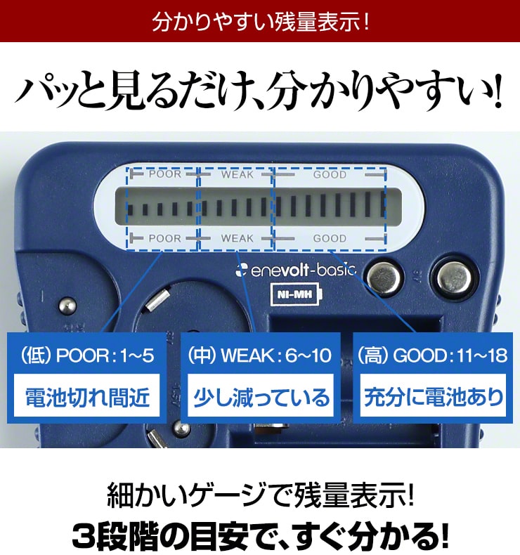 電池チェッカー 単1 単2 単3 単4 単5 電池 残量 ニッケル水素電池 9V形 テスター バッテリーチェッカー(3R-CHR02NV)