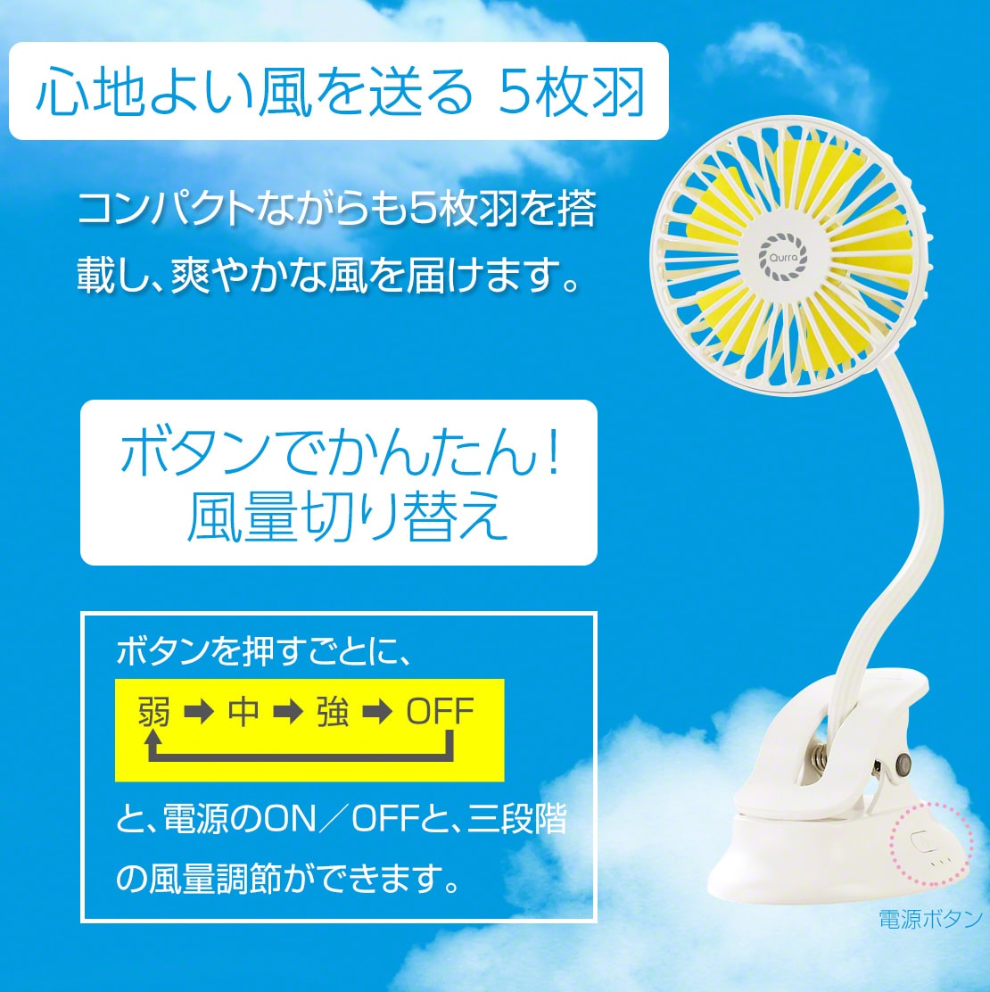 （ネイビー）ベビーカー 扇風機 クリップ usb 充電式 ベビーカー ハンディファン Qurra(3R-CLF01)
