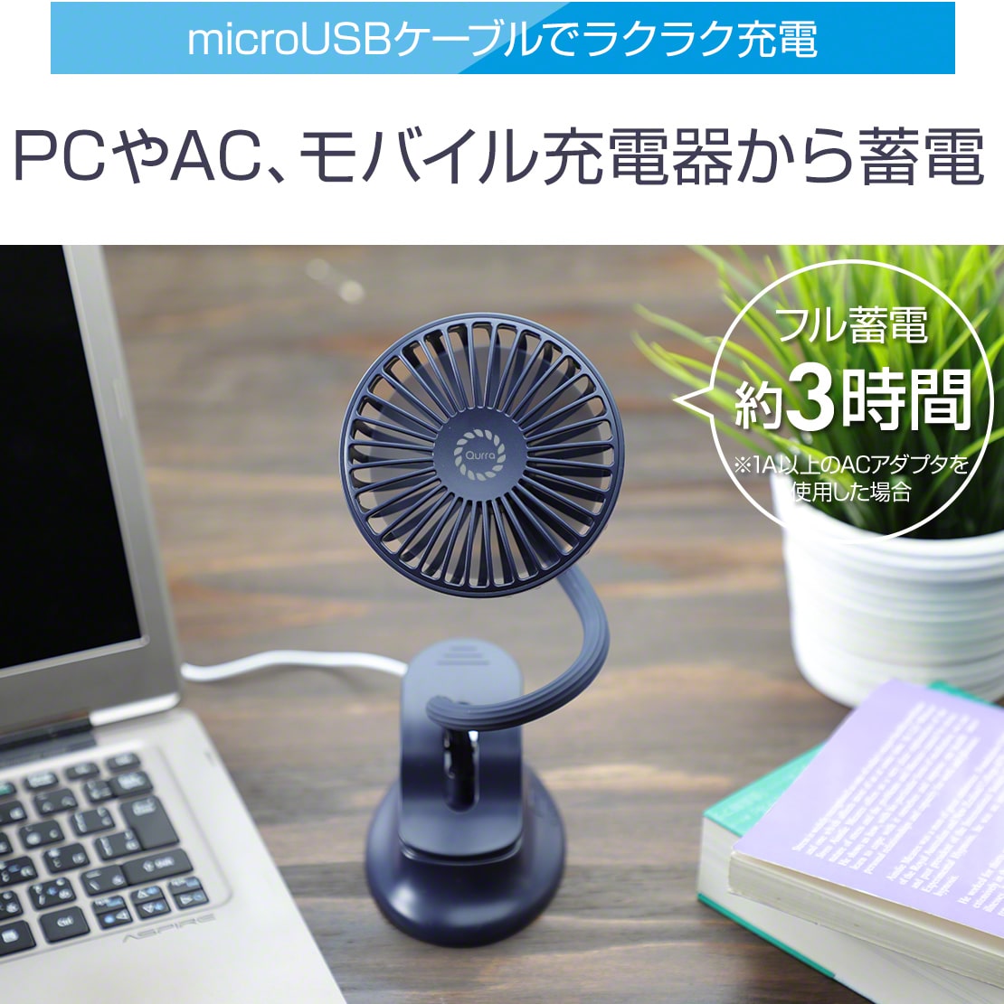（ホワイト）ベビーカー 扇風機 クリップ usb 充電式 ベビーカー ハンディファン Qurra(3R-CLF01)