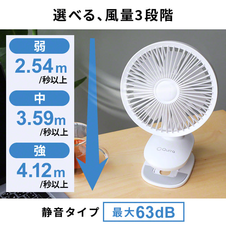 扇風機 USB 充電式 クリップ 首振り クリップ式扇風機 小型扇風機 自動首振り 卓上扇風機 Qurra(3R-CLF03WT)