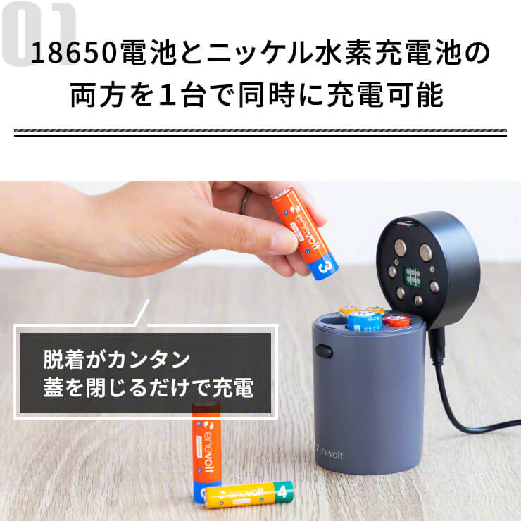 マルチ充電パワーバンク 充電池 充電器 リチウムイオン 電池 ニッケル水素充電池 単3 単4 6スロット マルチ充電器 USB enevolt(3R-EVC09GY)