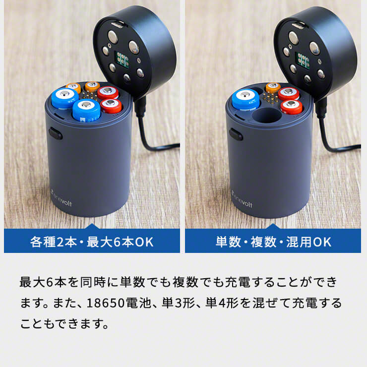 マルチ充電パワーバンク 充電池 充電器 リチウムイオン 電池 ニッケル水素充電池 単3 単4 6スロット マルチ充電器 USB enevolt(3R-EVC09GY)