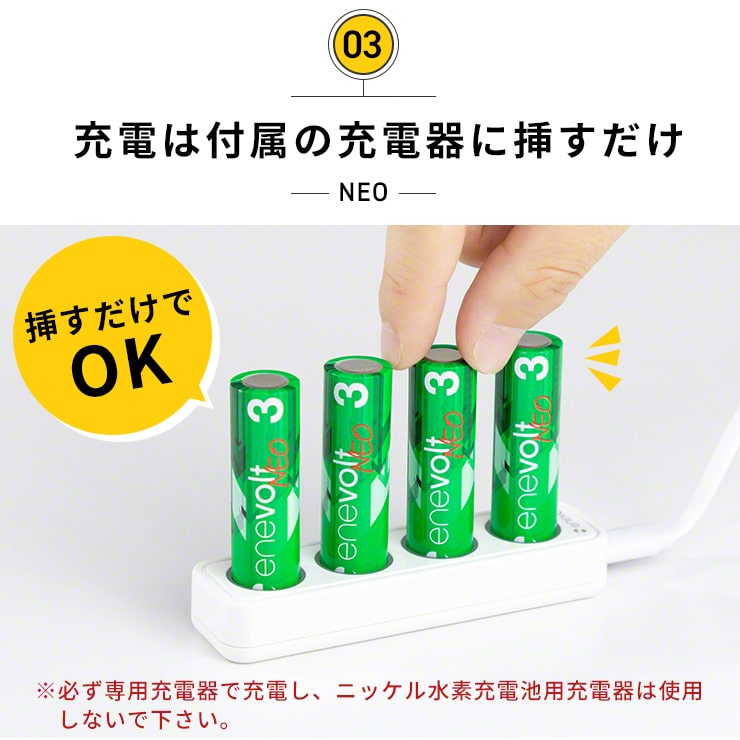 1.5V 充電池 単3 充電池 充電器セット 4本 リチウムイオン充電池 充電電池 充電式電池 enevolt NEO(3R-EVL02WT)