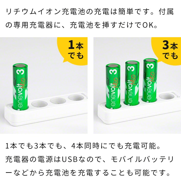 1.5V 充電池 単3 充電池 充電器セット 4本 リチウムイオン充電池 充電電池 充電式電池 enevolt NEO(3R-EVL02WT)