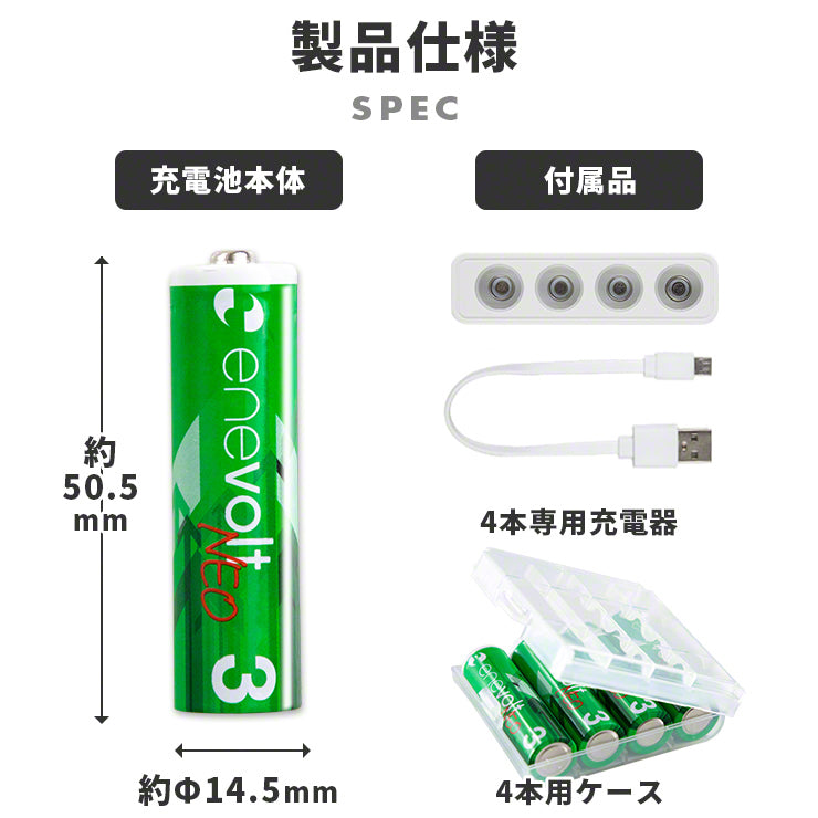 1.5V 充電池 単3 充電池 充電器セット 4本 リチウムイオン充電池 充電電池 充電式電池 enevolt NEO(3R-EVL02WT)