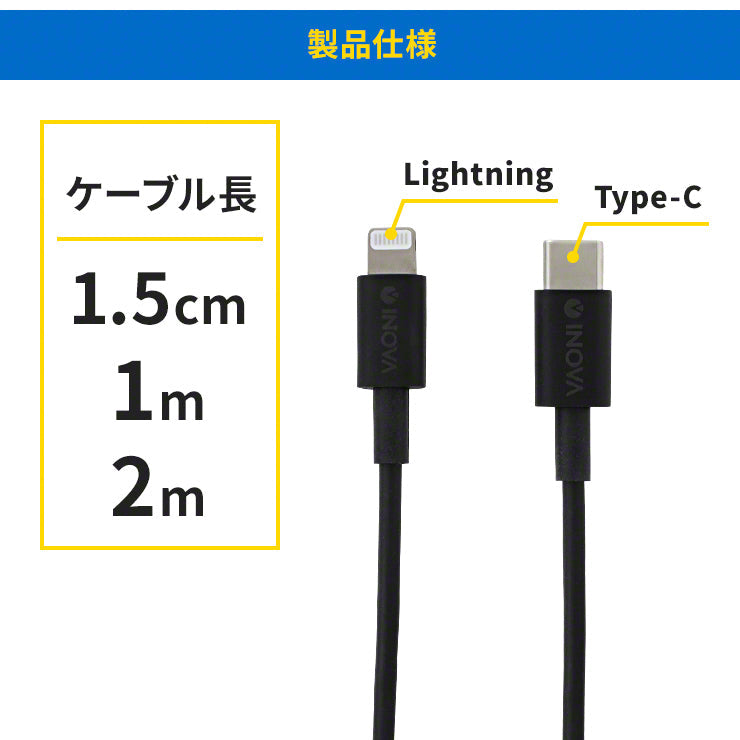 iPhone SE 充電ケーブル Type-C to Lightning 1m 急速充電 3A PD対応 INOVA(3R-NCR051BK)
