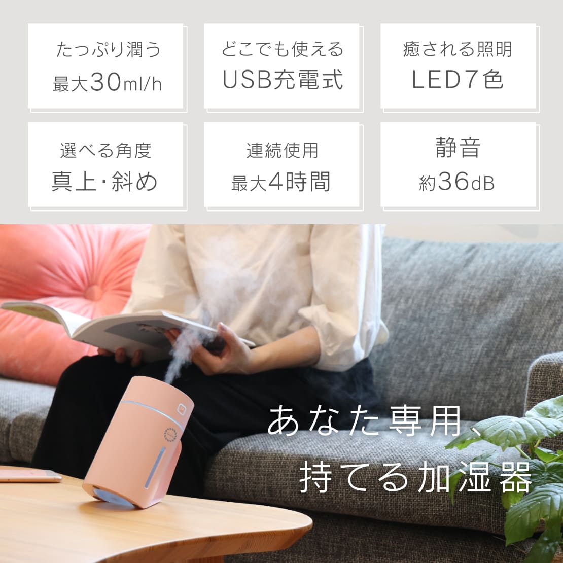 コードレス加湿器 携帯 ミニ加湿器（ピンク）（3R-TMH01）