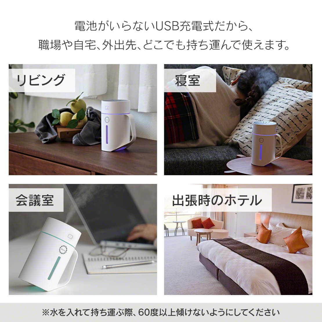 コードレス加湿器 携帯 ミニ加湿器（ホワイト）（3R-TMH01）