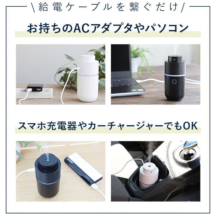 ポータブル加湿器 車内 車用 車載 持ち運び（ホワイト）（3R-TMH03）