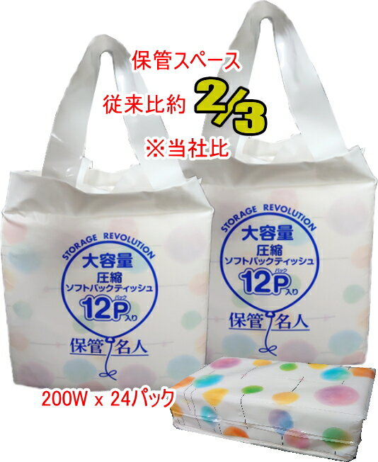 大容量圧縮ソフトパックティッシュ　保管名人　200W（400枚） x 12Px2袋セット / パルプ100％