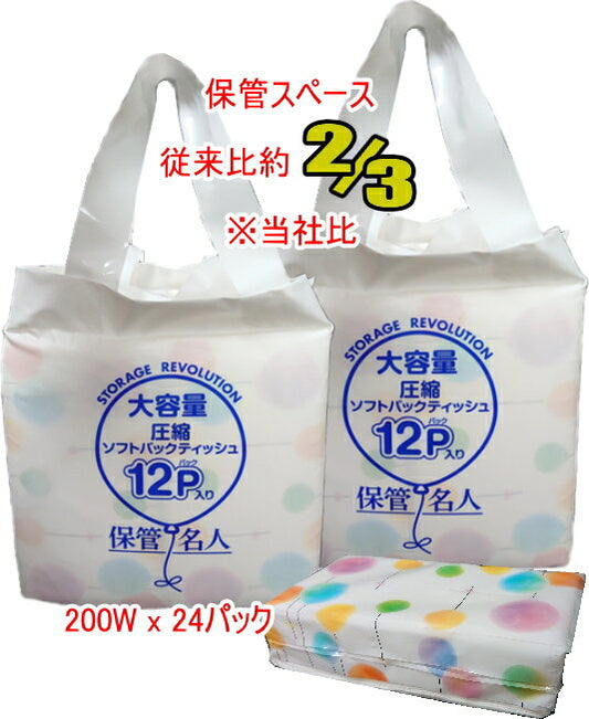 大容量圧縮ソフトパックティッシュ　保管名人　200W（400枚） x 12Px2袋セット / パルプ100％