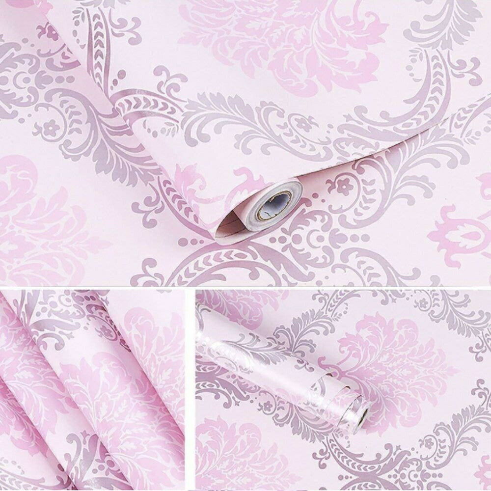 壁紙 ダマスク柄 ピンク 3本セット damask 45cm×1000cm シールタイプ DIY かわいい おしゃれ クロス 補修 ラグジュアリー 北欧 賃貸壁紙 背景 プレゼント 贈物 シンプル ベッドルーム リビング お洒落 防音 リメイク リフォーム シート