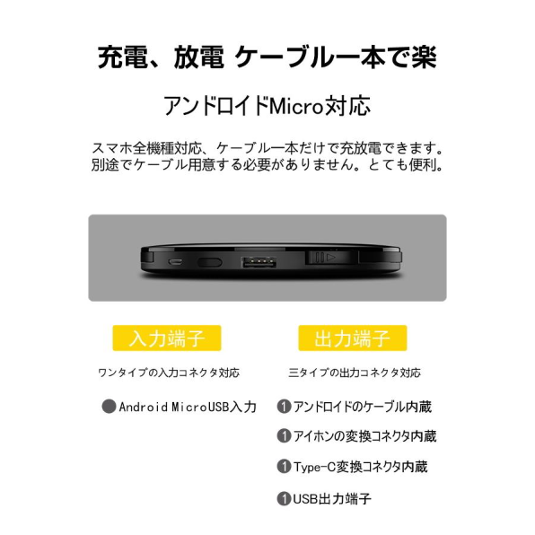 モバイルバッテリー 15000mAh 急速充電 パワーバンク ケーブル不要 大容量 高出力 LED残量表示 コンパクト 多機種対応 変換コネクタ付き チャージャー【ゲリラセール】