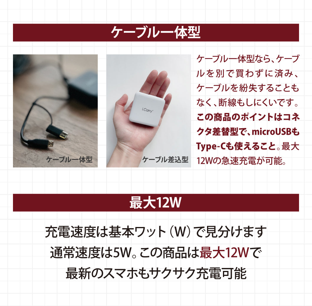 （ホワイト）iCarry スリム USB コンセント 2WAY スマホ充電器 【Type-C + microUSB どちらも使える 12W 急速充電】17-AC12BC