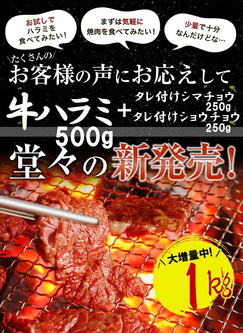 【超得ハイパーSALE】3種焼肉セット（ハラミ500ｇ+タレ漬けシマチョウ250g＋タレ漬けショウチョウ250ｇ）