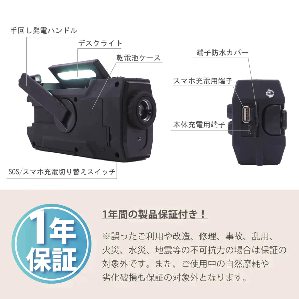 【非公開】多機能防災ラジオライト【10年保存電池付き】レッド