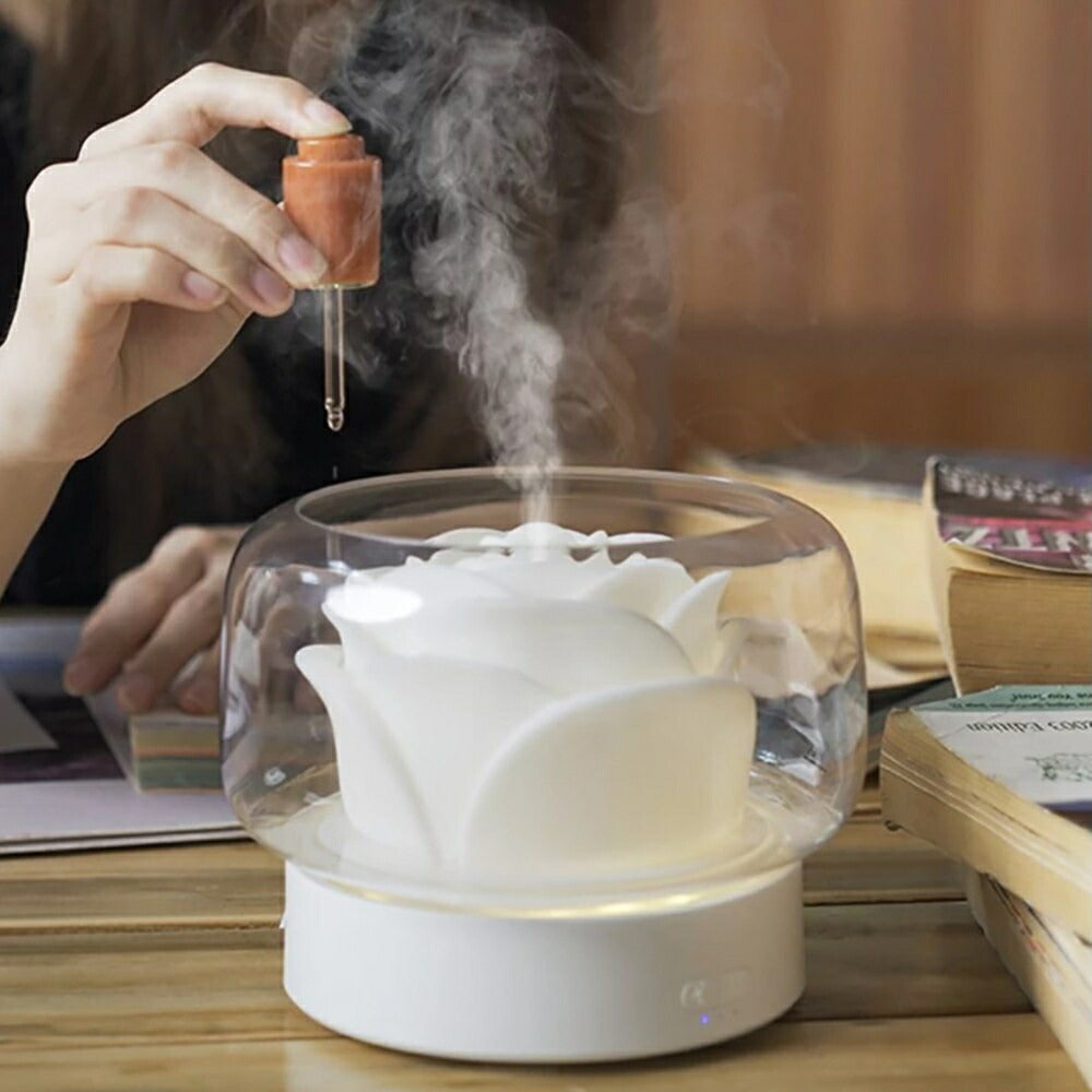 加湿器 薔薇 アロマ ローズ ホワイト Rose 乾燥対策 アロマ ディフューザー 加湿機 LED 照明 アロマ ランプ ナイト ライト 超音波 アロマ加湿器 卓上 リビング 部屋 ダイニング 寝室 可愛い 癒しグッズ コンパクト お誕生日 プレゼント