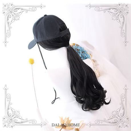 帽子ウィッグ　黒髪　ロング　フルウィッグ 耐熱ウィッグ 自然 軽量 ミックス 小顔効果 ナチュラル 調整可能 サラツヤ 姫カット かわいい ウイッグ 綺麗 髪 ストレート 原宿 ファッションウィッグ
