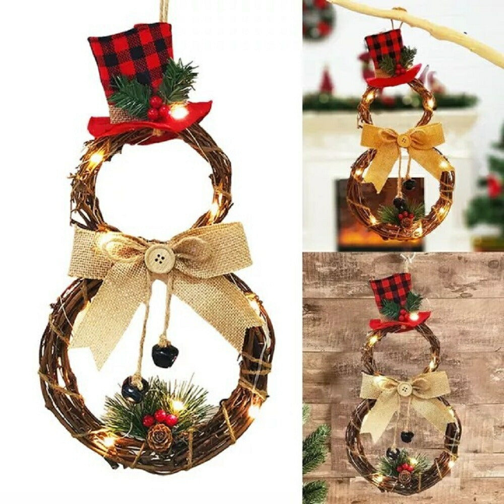 クリスマスリース 40×20 雪だるま LEDライト Xmas リース 造花 花輪 アートフラワー 照明 クリスマス 玄関 丸 輪っか ドア 飾り 装飾 インテリア お祝い 誕生日 クリスマス飾り プレゼント フラワーリース 室内 壁面装飾 壁掛け ギフト