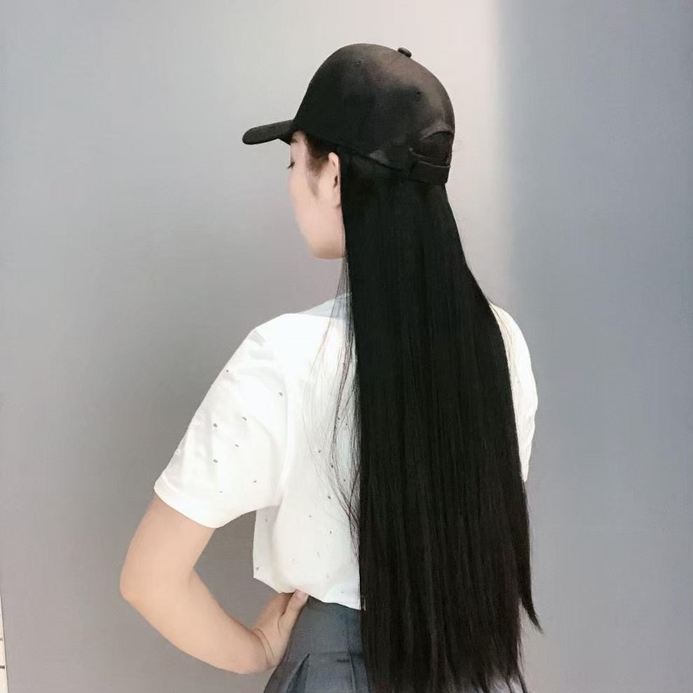 帽子ウィッグ　黒髪　ロング　フルウィッグ 耐熱ウィッグ 自然 軽量 ミックス 小顔効果 ナチュラル 調整可能 サラツヤ 姫カット かわいい ウイッグ 綺麗 髪 ストレート 原宿 ファッションウィッグ