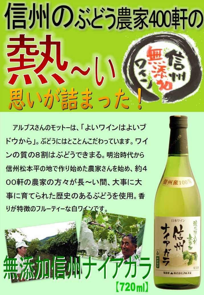 【日本ワイン】長野県 アルプス 信州酸化防止剤無添加ワイン信州ナイアガラ やや甘口 720ml 1本【ご注文は12本まで1個口配送可能】【現行ヴィンテージにてお届けとなります】