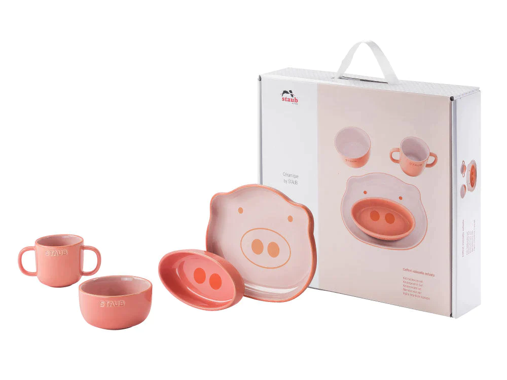 ストウブ ベビー＆キッズ テーブルウェアセット ピンク | STAUB 赤ちゃん用 食器 皿  マグ セラミック  子ども用 食器セット ギフト お祝い 出産祝い 陶器 食器 動物 どうぶつ デザイン プレート